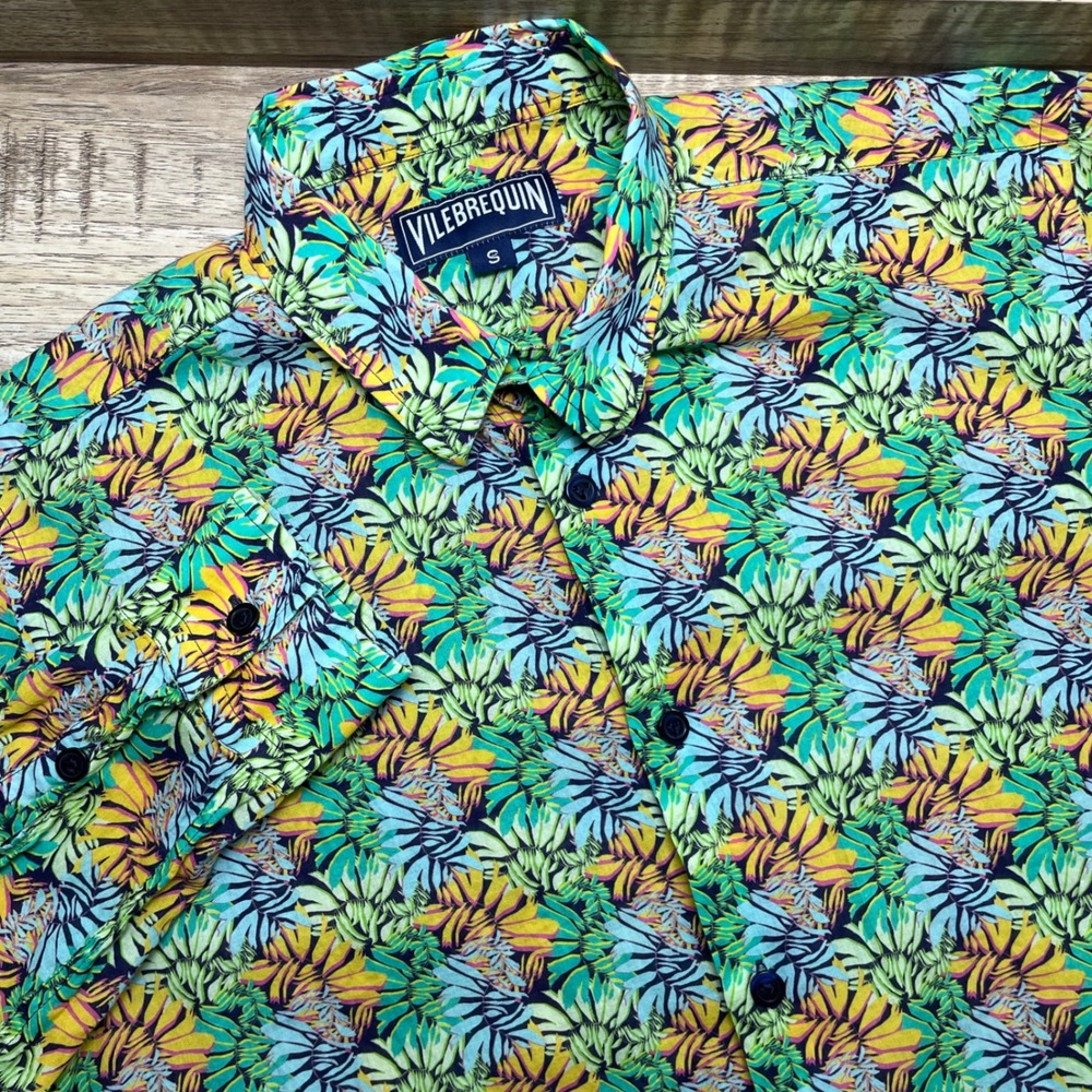 Vilebrequin Mens Tropical Leaf Print Cotton Button Down Shirt Green Yellow Small